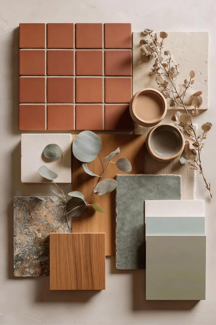 Unit 01 mood board: terracotta tile, travertine, sage stone, warm teak and oak, eucalyptus and soft sage paint