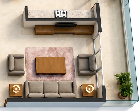 Rendered plan of the 19'-0" × 12'-6" living room with its East balcony