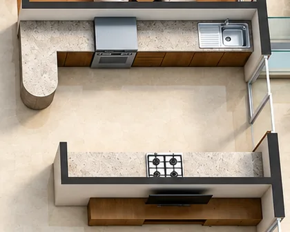 Rendered plan of the 11'-6" × 10'-6" kitchen with its two counters