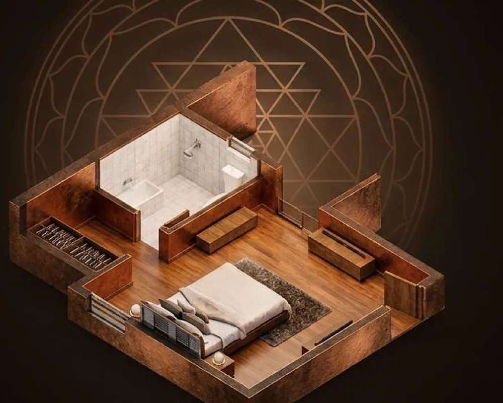 Vastu analysis render of the South-West master suite with dress and toilet