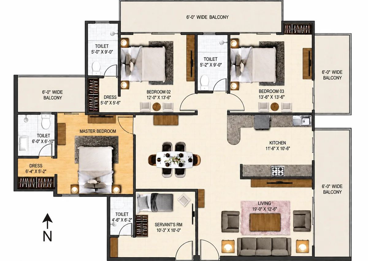 Labelled floor plan of Unit 01, 4 BHK, with room dimensions