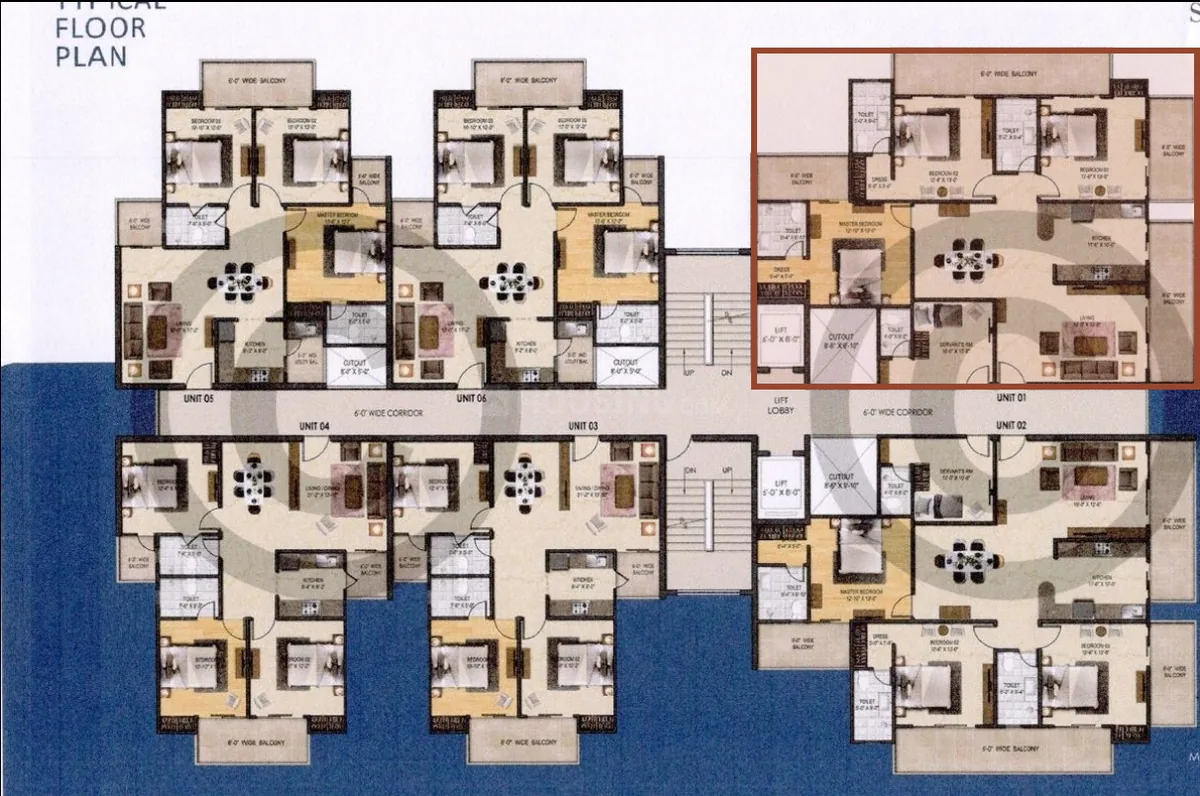 Typical floor plan of the cluster with Unit 01 marked