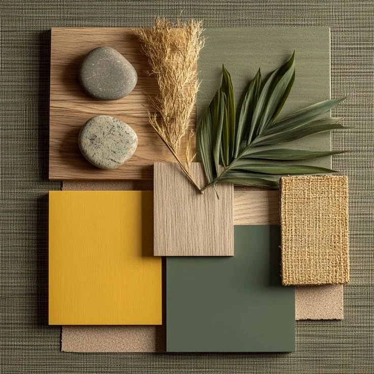 Unit 02 mood board: sage and olive green, mustard, light and warm oak, jute, river stones and a palm leaf