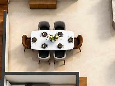 Open dining centre of the Unit 02 plan with a six-seater oval table