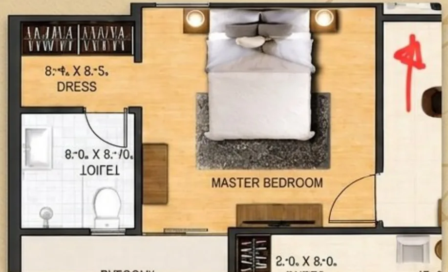 Master bedroom plan from the Unit 02 Vastu analysis, with dress and toilet on the West