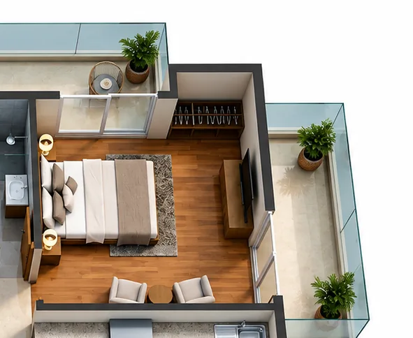 Bedroom 03, 13'-6" × 13'-6", with balconies on the East and South