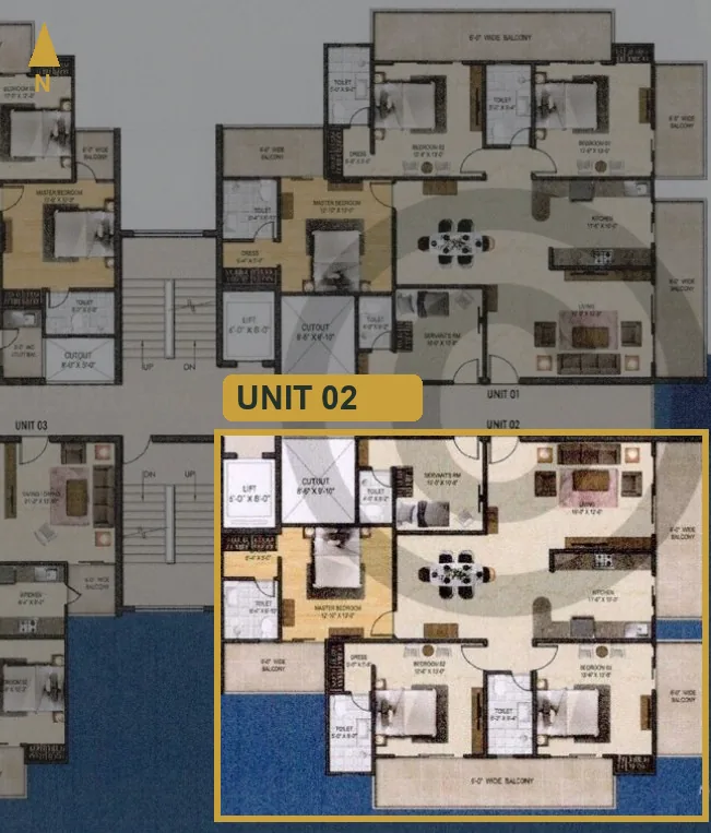 Cluster plan of RKM Enclave Sahyog with Unit 02 marked on the East wing