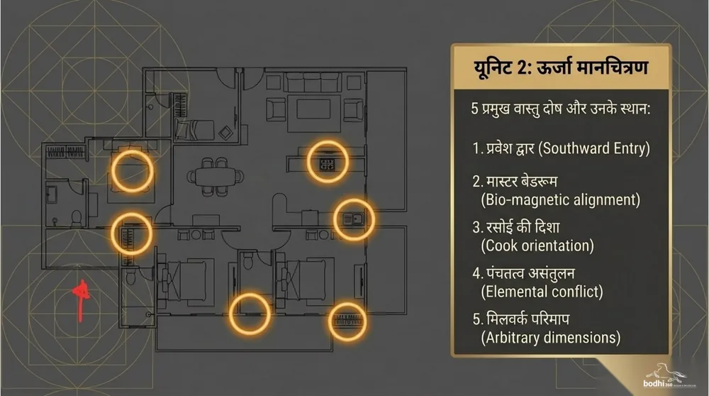 Unit 02 plan from the Vastu analysis, marking the five points the audit corrects
