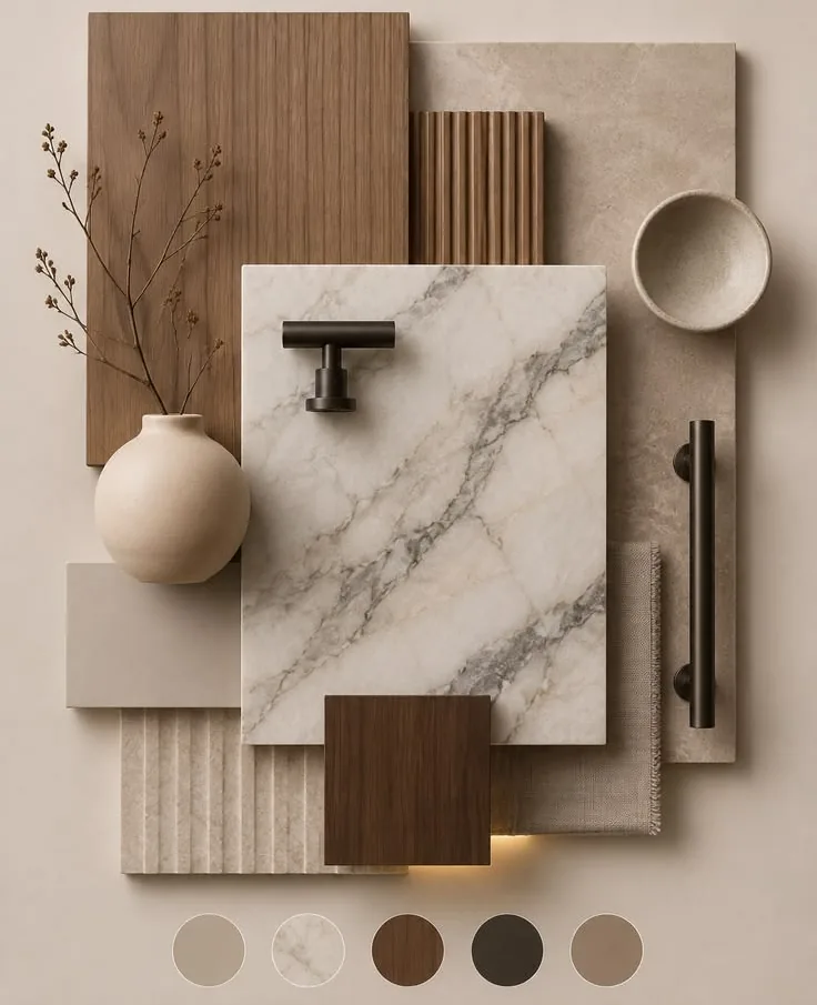 Unit 03 and 04 mood board: walnut, warm-veined marble, fluted panels, cream linen and dark bronze pulls