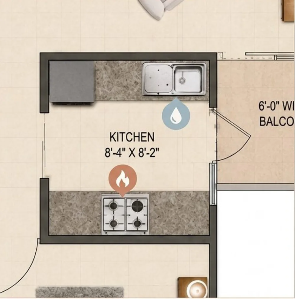 Kitchen 8'-4" × 8'-2" with sink and stove on opposite counters