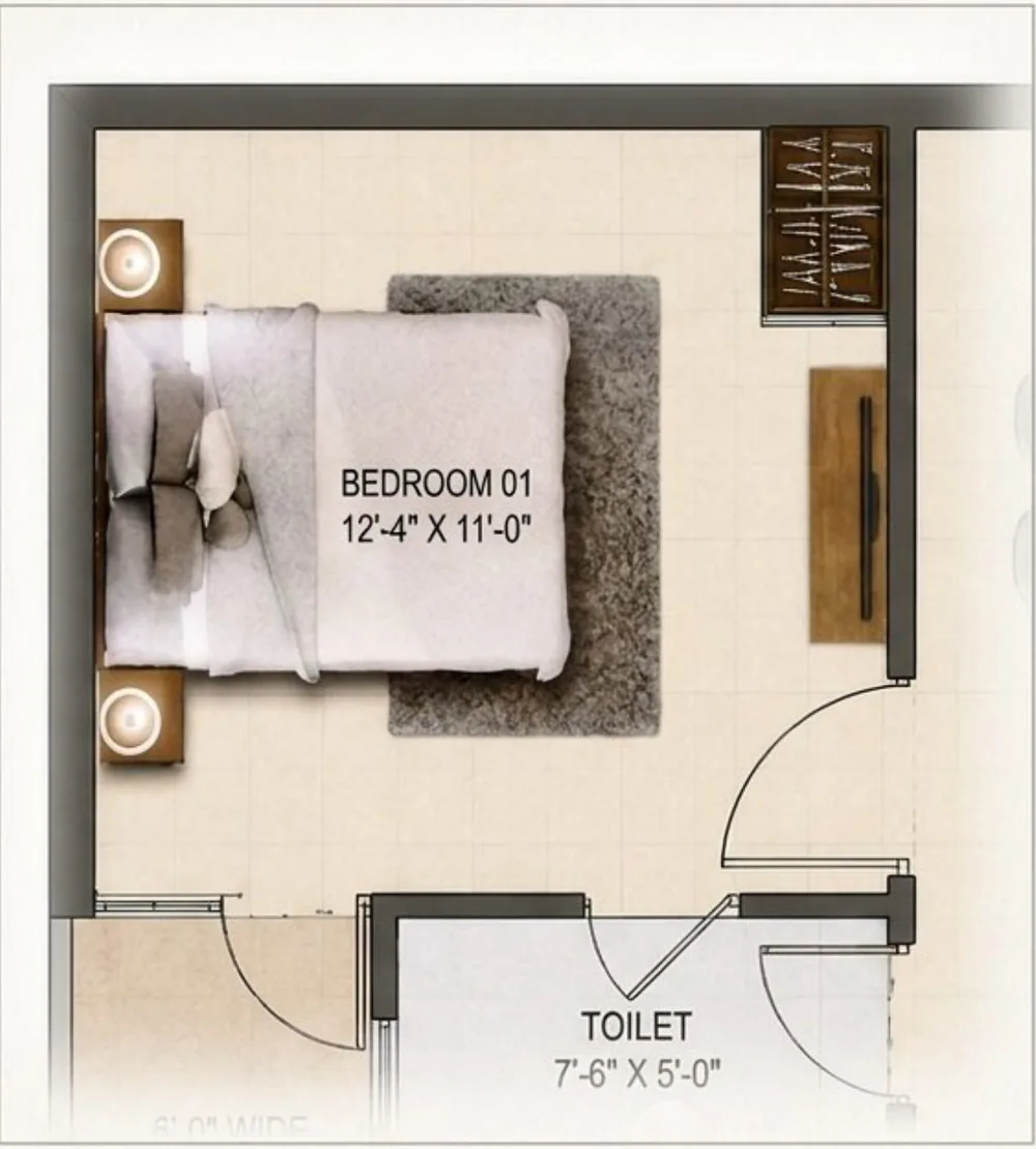 Bedroom 01, 12'-4" × 11'-0", with its toilet and west balcony