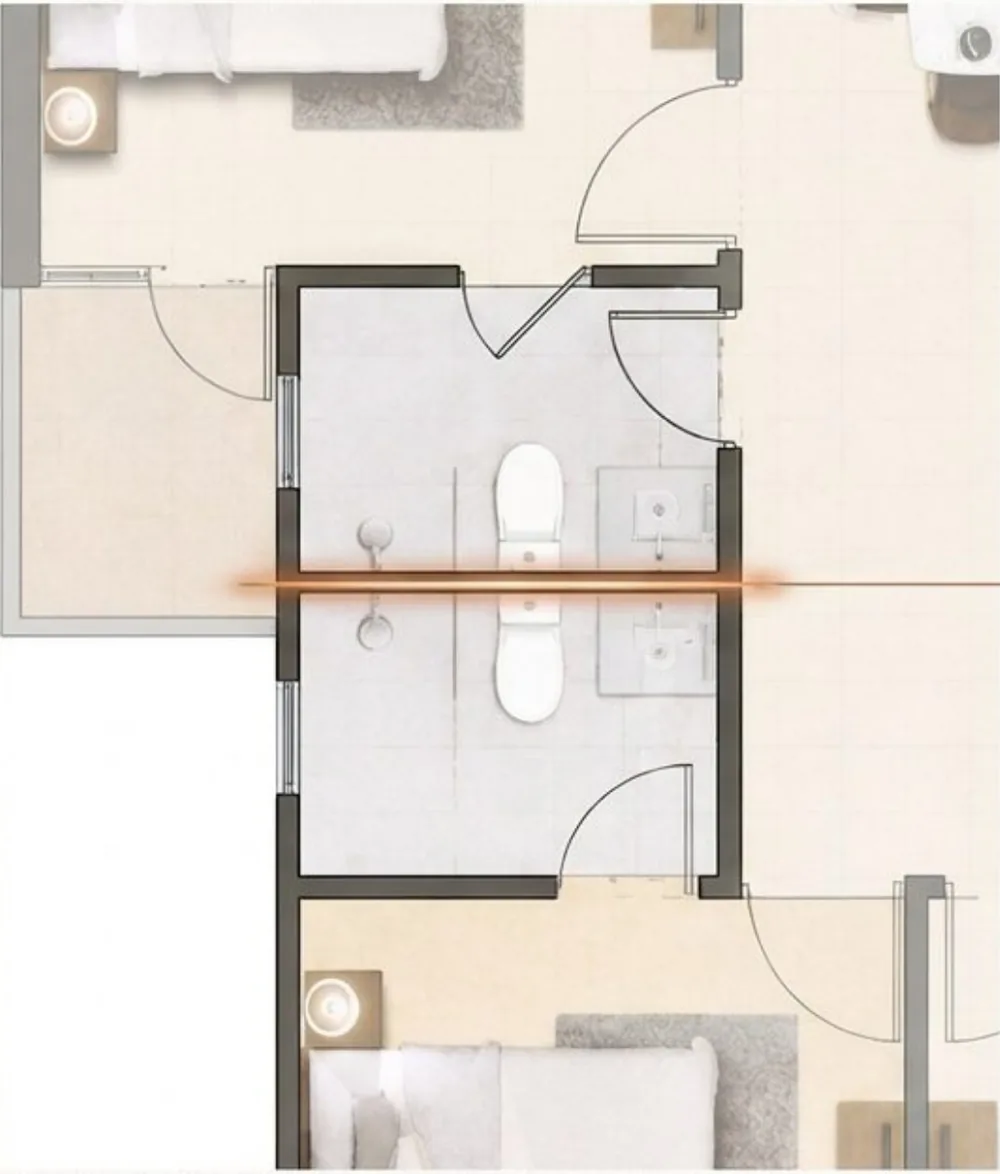 The two toilets on the west wall, with the threshold line marked