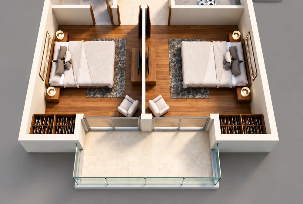 Rendered view of the south balcony shared by Bedroom 02 and Bedroom 03
