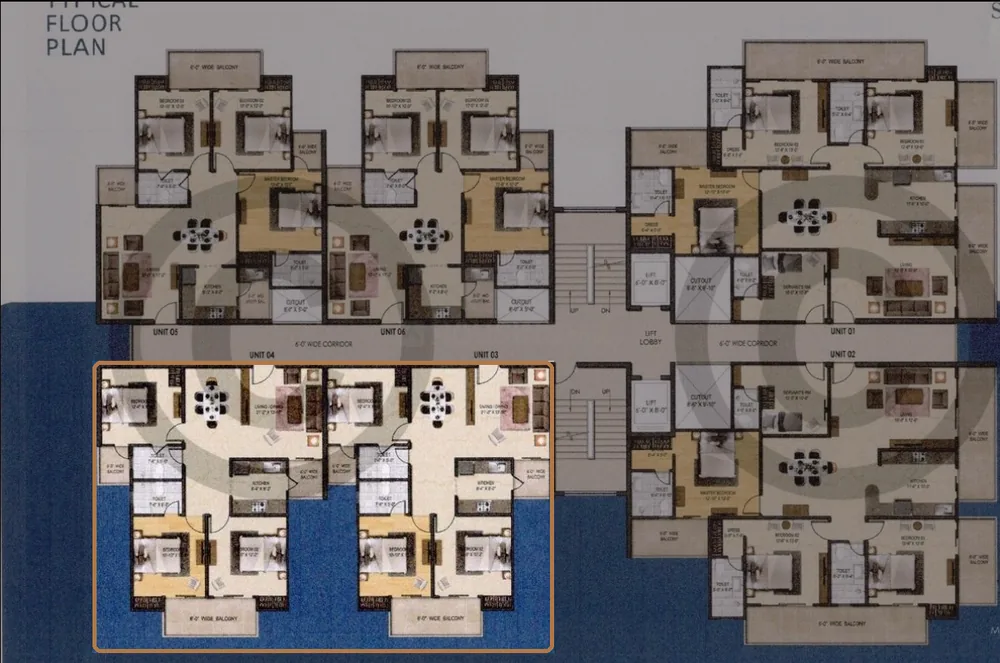 Typical floor plan of RKM Enclave Sahyog with Units 03 and 04 marked