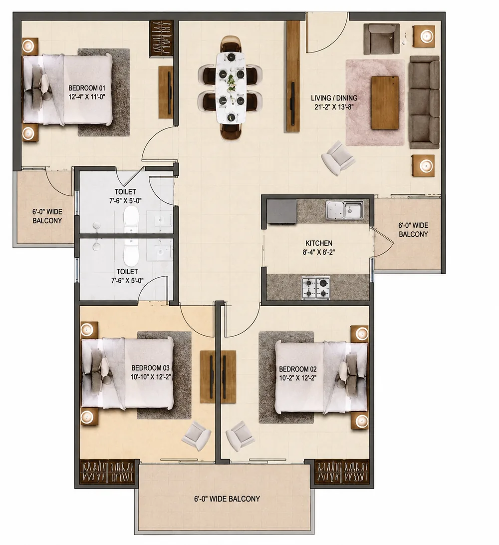 Labelled floor plan of Unit 03 and Unit 04 with room dimensions
