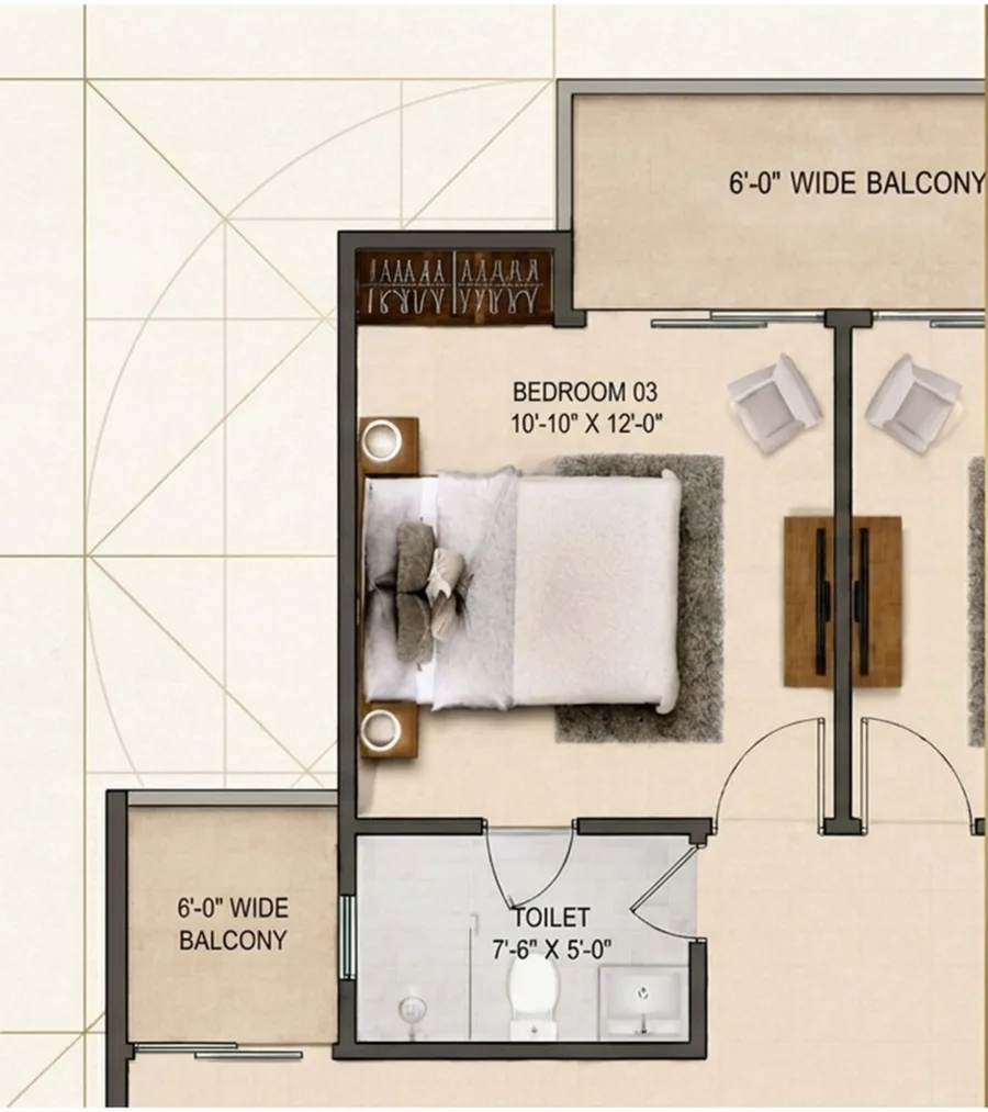 Bedroom 03, 10'-10" × 12'-0", with common toilet