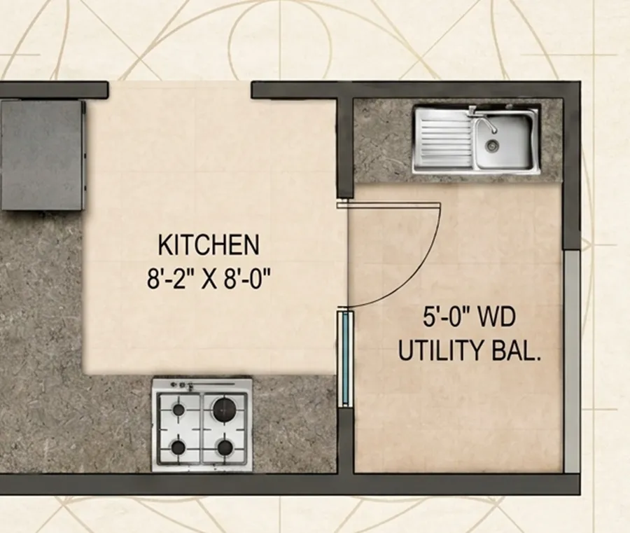 Kitchen 8'-2" × 8'-0" with 5'-0" utility balcony