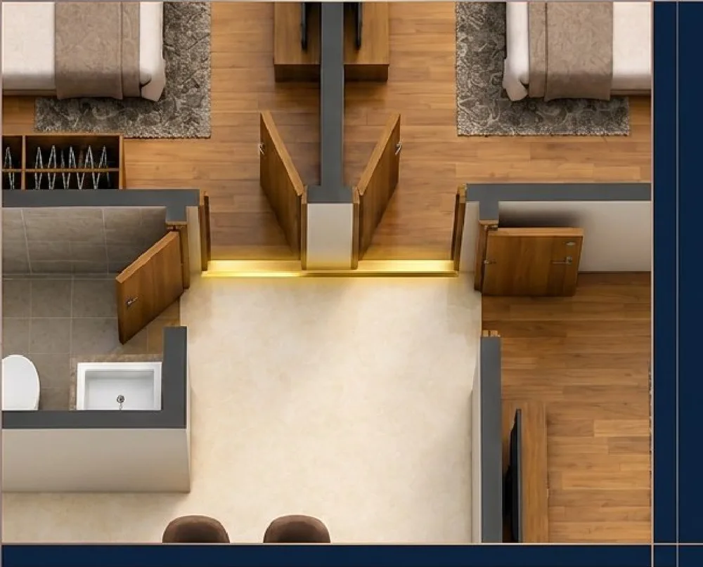 Vastu audit render: sealed threshold at a toilet door