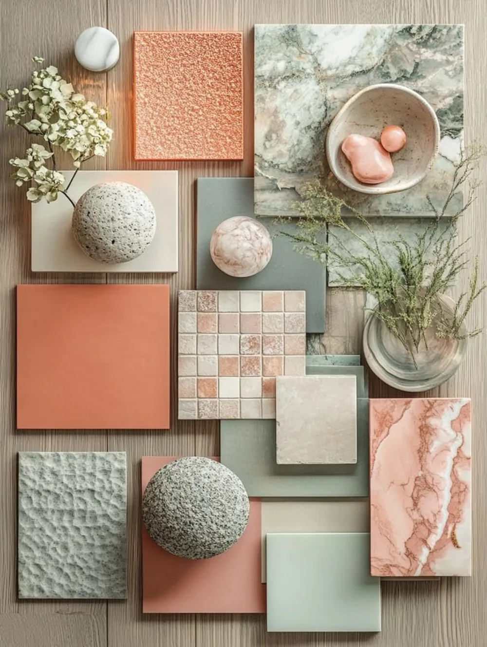 Unit 05 and 06 mood board: terracotta, sage, blush marble, travertine and light oak